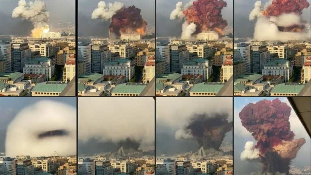 A combination of pictures of footage filmed at the moment a massive explosion rocked Beirut on August 4