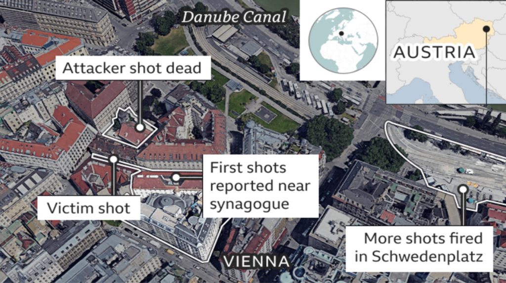 Map of Vienna showing locations of Vienna shooting